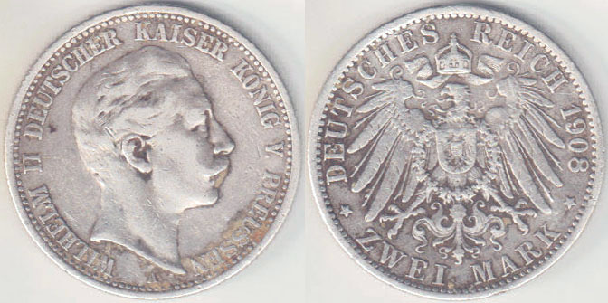 1908 Germany Prussia silver 2 Mark A001629